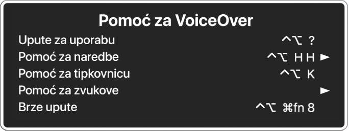 Izbornik Pomoć za VoiceOver je prozor koji odozgo nadolje navodi: Online pomoć, Pomoć za naredbe, Pomoć za tipkovnicu, Pomoć za zvukove, Upute za brzo pokretanje i Upute za početak rada. S desne strane svake stavke nalazi se VoiceOver naredba koja prikazuje stavku, ili strelica za pristup podizborniku.