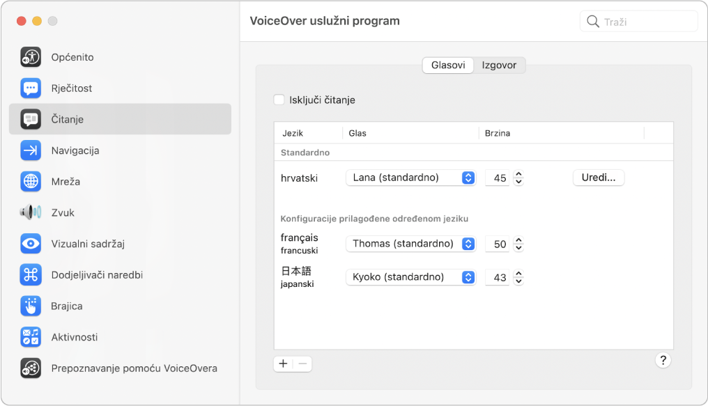 Prozor Glas kategorije Govor Uslužnog programa VoiceOver koji prikazuje postavke glasa za engleski, francuski i japanski jezik.