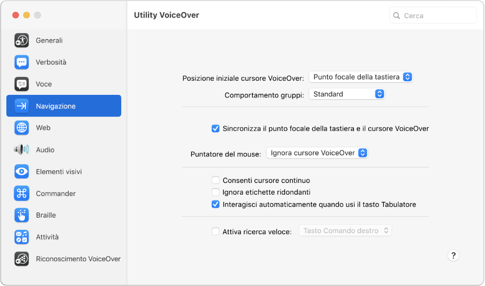 La finestra di Utility VoiceOver che mostra la categoria Navigazione selezionata nella barra laterale a sinistra e le rispettive opzioni a destra. Nell'angolo in basso a destra della finestra è presente un pulsante Aiuto per visualizzare l’Aiuto online di VoiceOver che spiega queste opzioni.