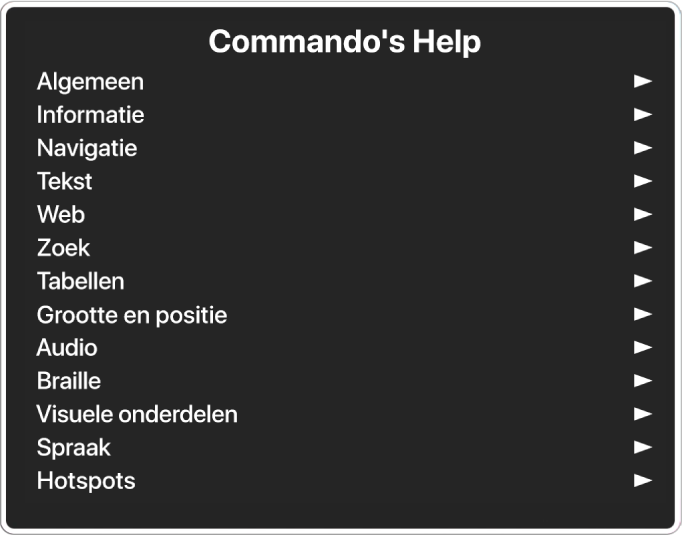 Het Commando's Help-menu is een paneel waarop commandocategorieën staan, beginnend met 'Algemeen' en eindigend met 'Hotspots'. Achter elk onderdeel in de lijst staat een pijl om het submenu van het onderdeel te openen.