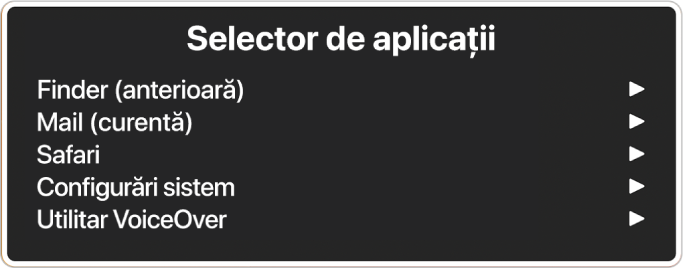 Selectorul de aplicații afișând cinci aplicații deschise, inclusiv Finder și Configurări sistem. La dreapta fiecărui articol din listă apare o săgeată.