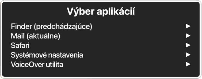 Nástroj Výber aplikácií ukazuje päť otvorených aplikácií vrátane Findera a Systémových nastavení. Vpravo od každej položky v zozname sa nachádza šípka.