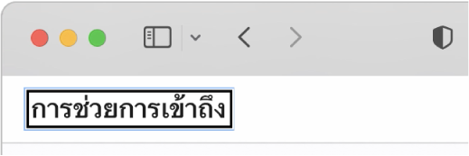 เคอร์เซอร์ของ VoiceOver ซึ่งเป็นเส้นกรอบสี่เหลี่ยมสีดำมีการโฟกัสอยู่ที่คำว่า “การช่วยการเข้าถึง” บนหน้าจอ