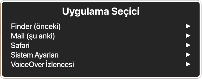 Finder ve Sistem Ayarları da dahil olmak üzere beş tane açık uygulamayı listeyen Uygulama Seçici. Listedeki her öğenin sağında bir ok vardır.