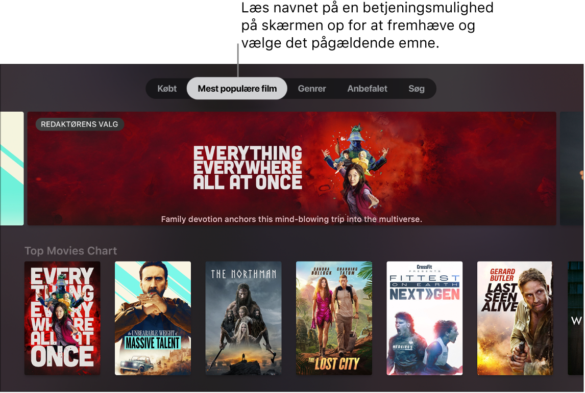 iTunes Movie Store med emner på menuen, hvor der kan bruges talte forespørgsler