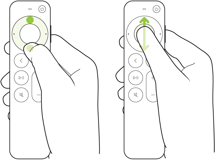 Die Abbildung zeigt, wie der Finger auf dem Clickpad-Ring auf der Remote (2. Generation oder neuer) gedreht wird, um nach oben oder unten zu scrollen.