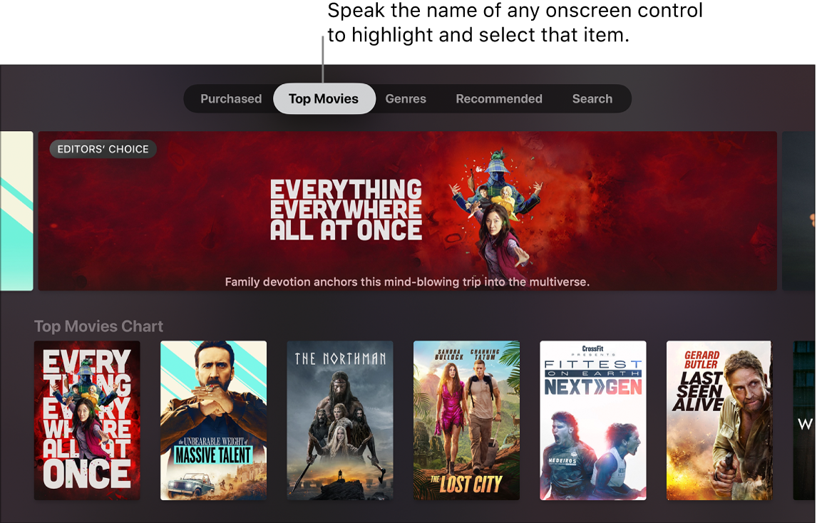 iTunes Movie Store showing menu queries that can be spoken