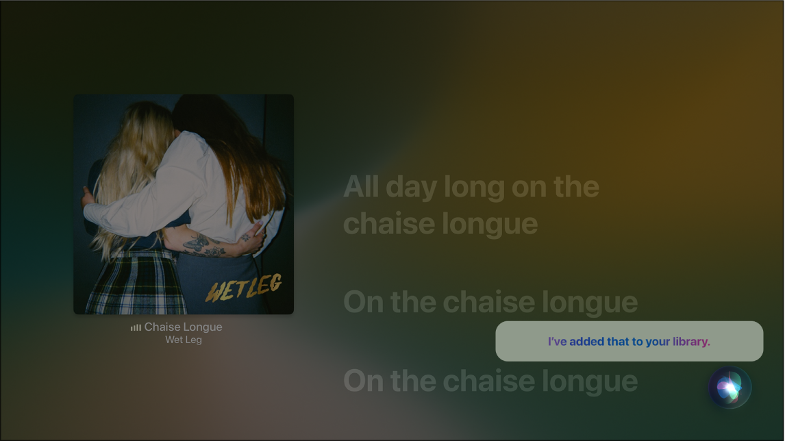 Ejemplo que muestra cómo utilizar Siri para añadir un álbum a mi biblioteca desde la pantalla “En reproducción”