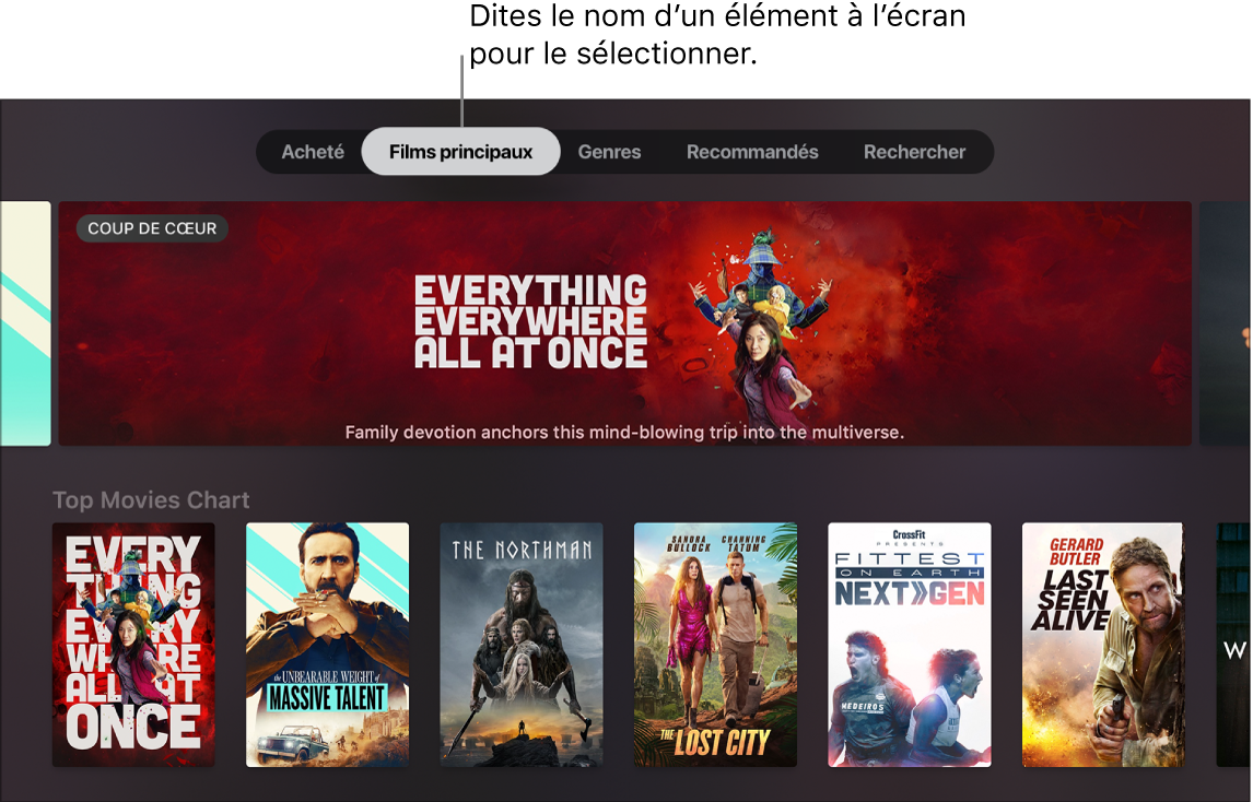 Boutique iTunes Movie qui affiche les demandes relatives au menu pouvant être dictées