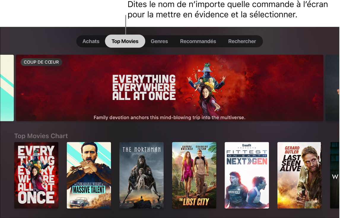 Section Films de l’iTunes Store avec les requêtes de menu pouvant être énoncées