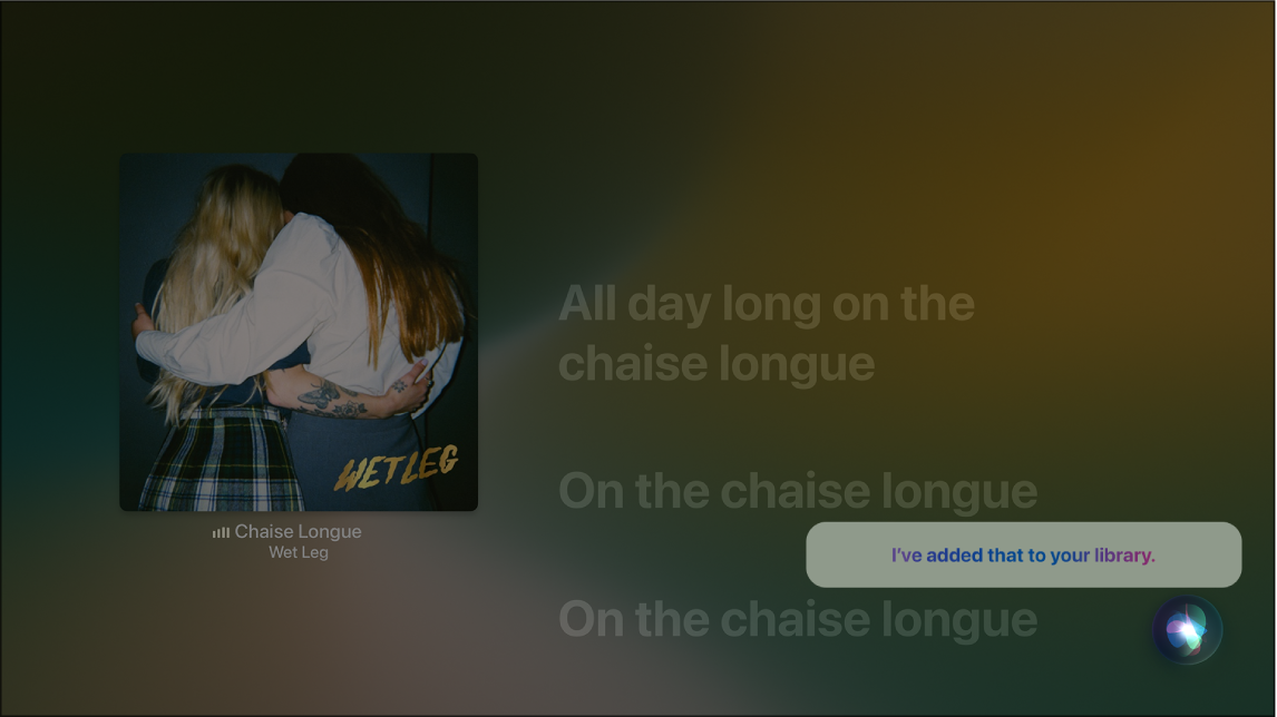 Exemple montrant comment utiliser Siri pour ajouter un album à Ma bibliothèque à partir de l’écran À l’écoute