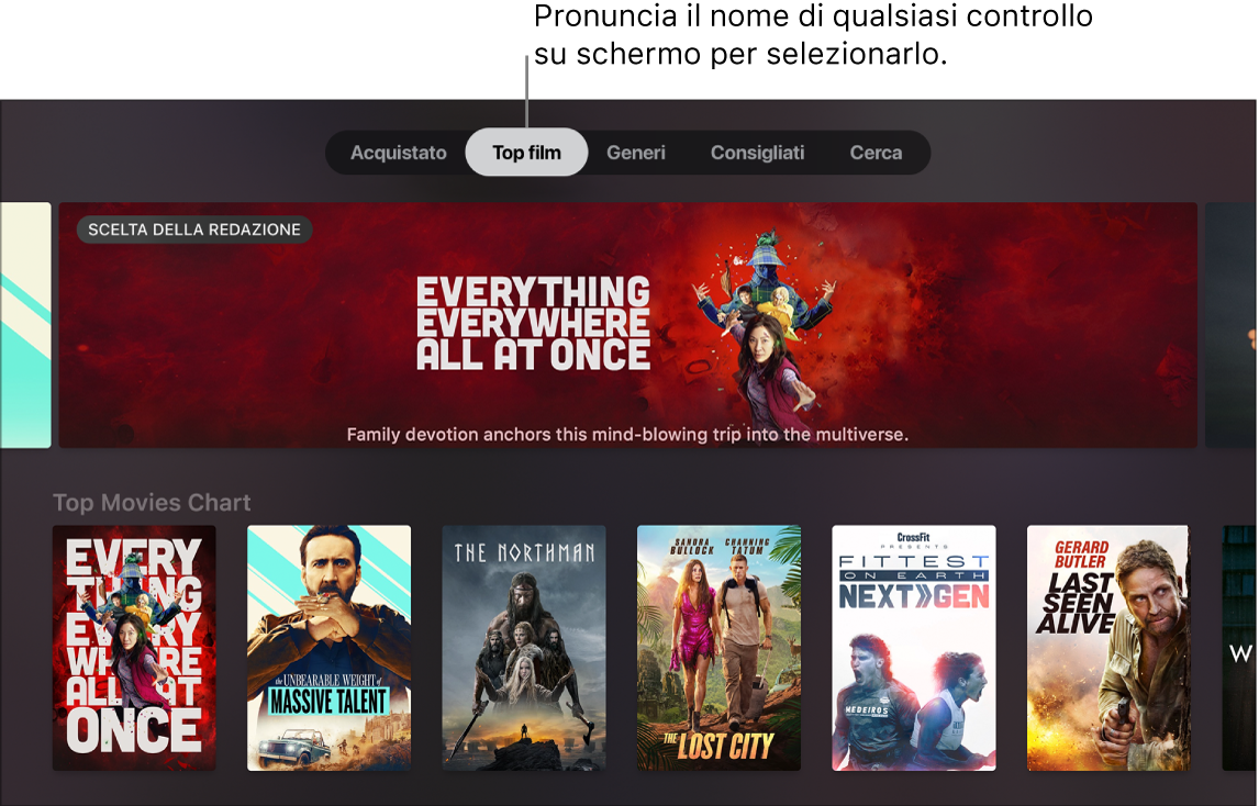 iTunes Movie Store mostra le richieste del menu che possono essere pronunciate
