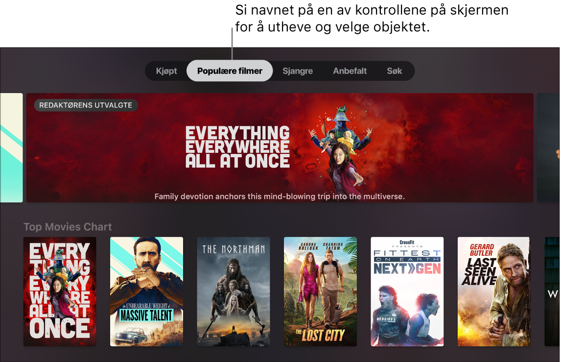 iTunes Movie Store som viser menyforespørsler som kan sies