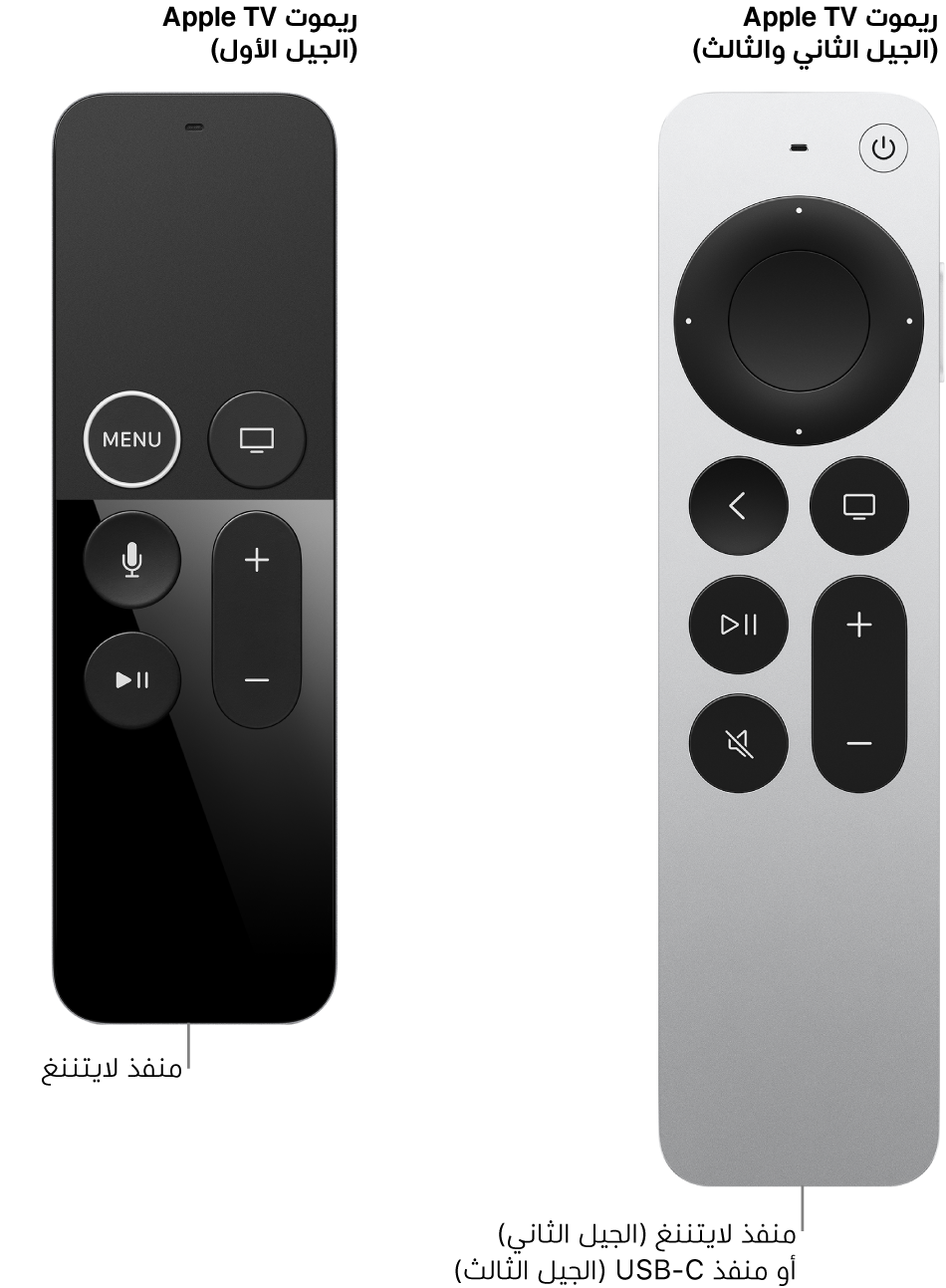 صورة Apple TV Remote (الجيل الثاني) و Apple TV Remote (الجيل الأول) تعرض منفذ لايتننغ