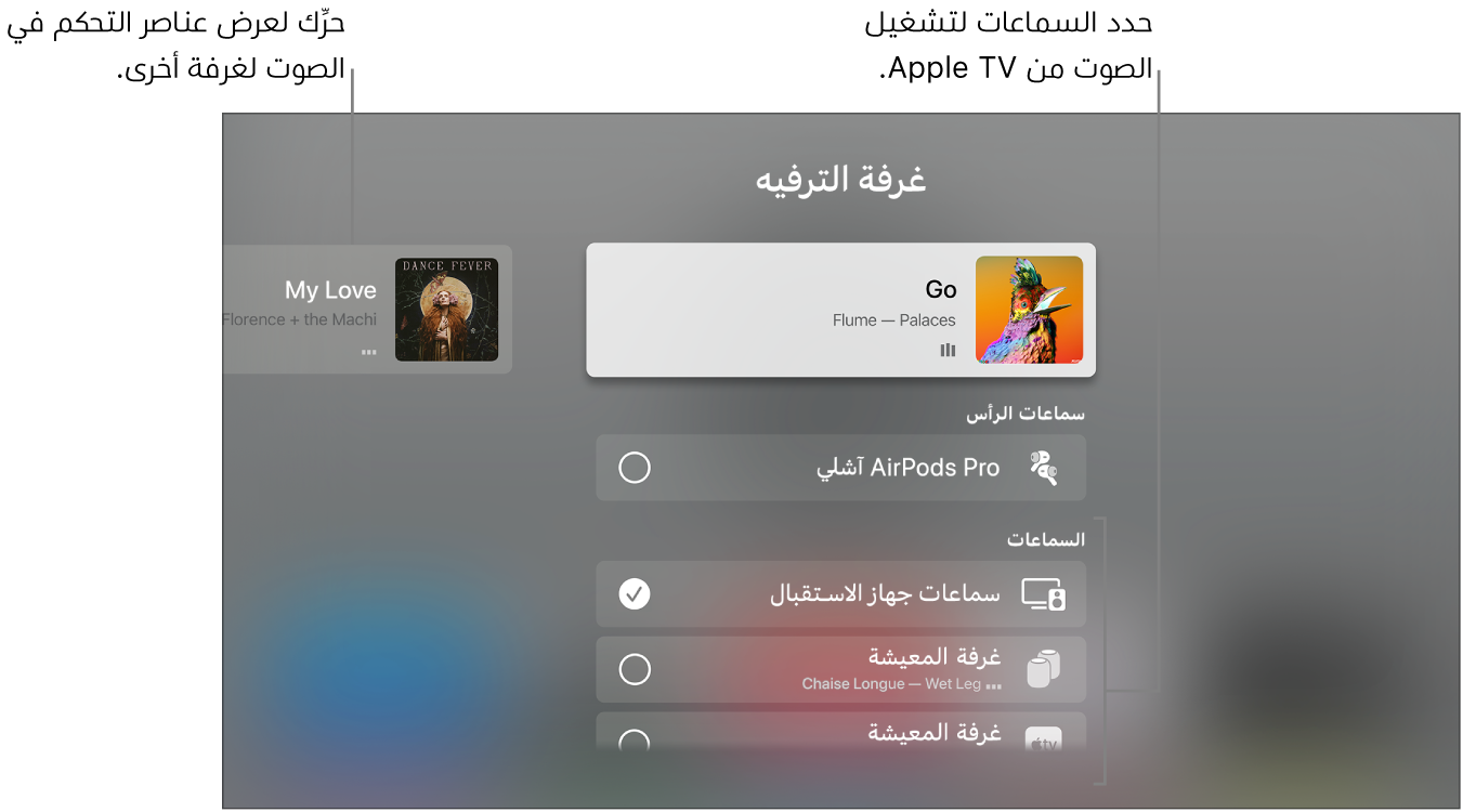 شاشة Apple TV تعرض عناصر التحكم في الصوت في مركز التحكم