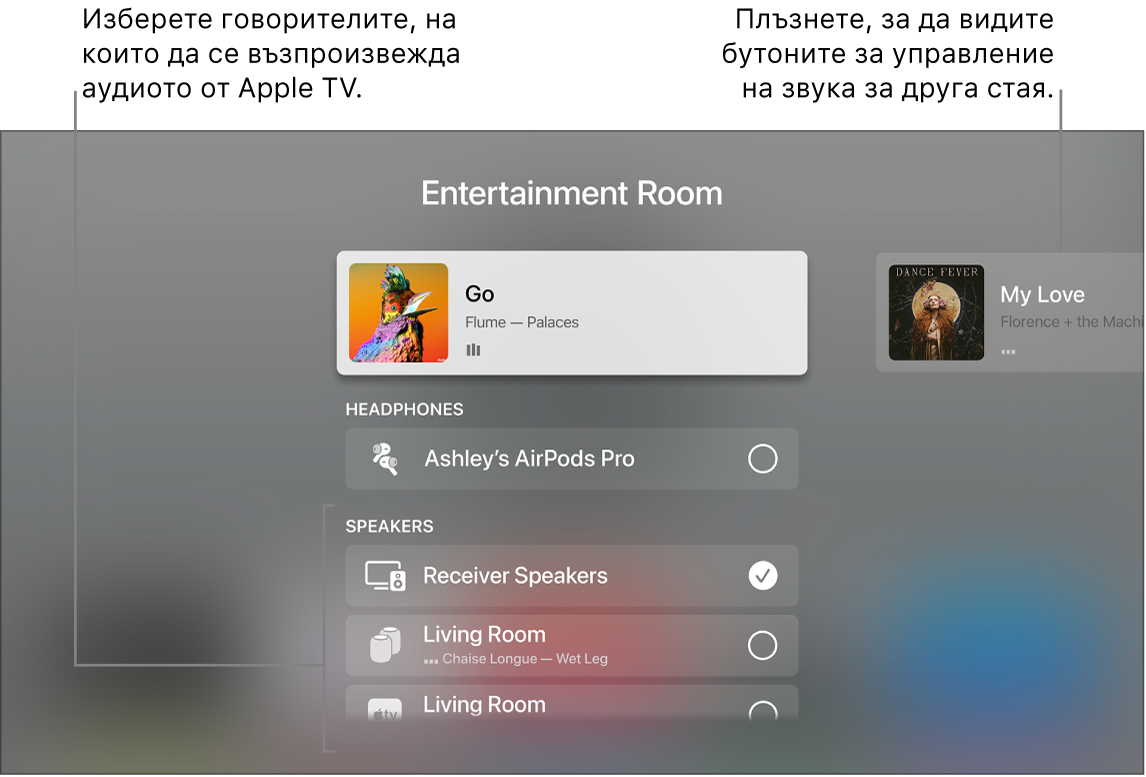 Екран на Apple TV, който показва бутоните за управление на аудио в Контролен център