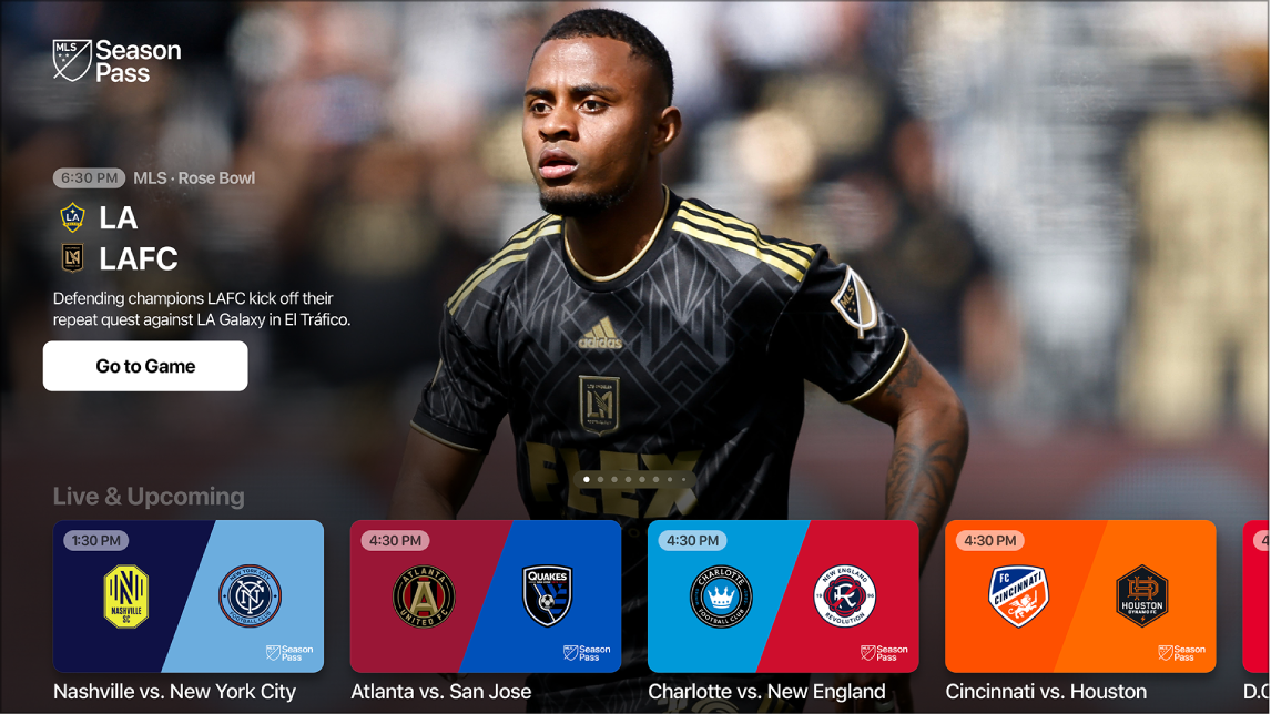 Екран, показващ MLS Season Pass (MLS Сезонен пропуск)