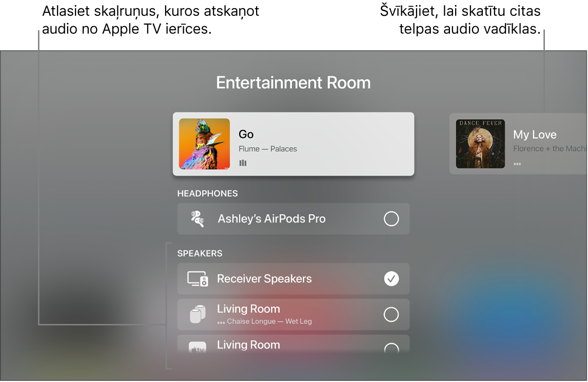 Apple TV ekrānā redzamas izvēlnes Control Center audio vadīklas