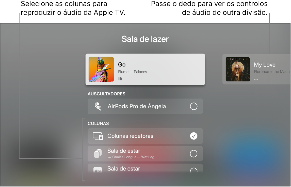 Ecrã da Apple TV a mostrar os controlos de áudio da central de controlo