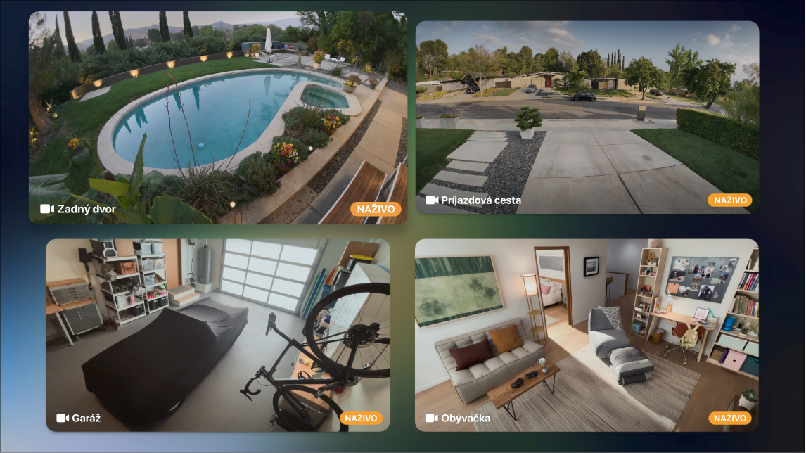 Obrazovka Apple TV s prenosom z viacerých kamier v zobrazení HomeKitu v Ovládacom centre.