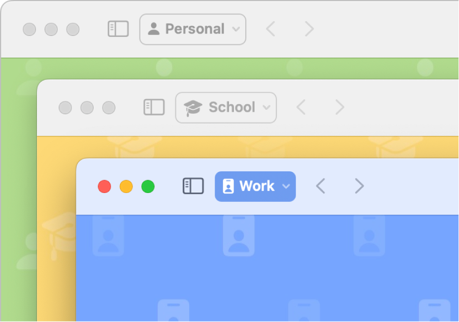 Tres ventanas de perfil de Safari: una para uso personal, una para la escuela y una para el trabajo.
