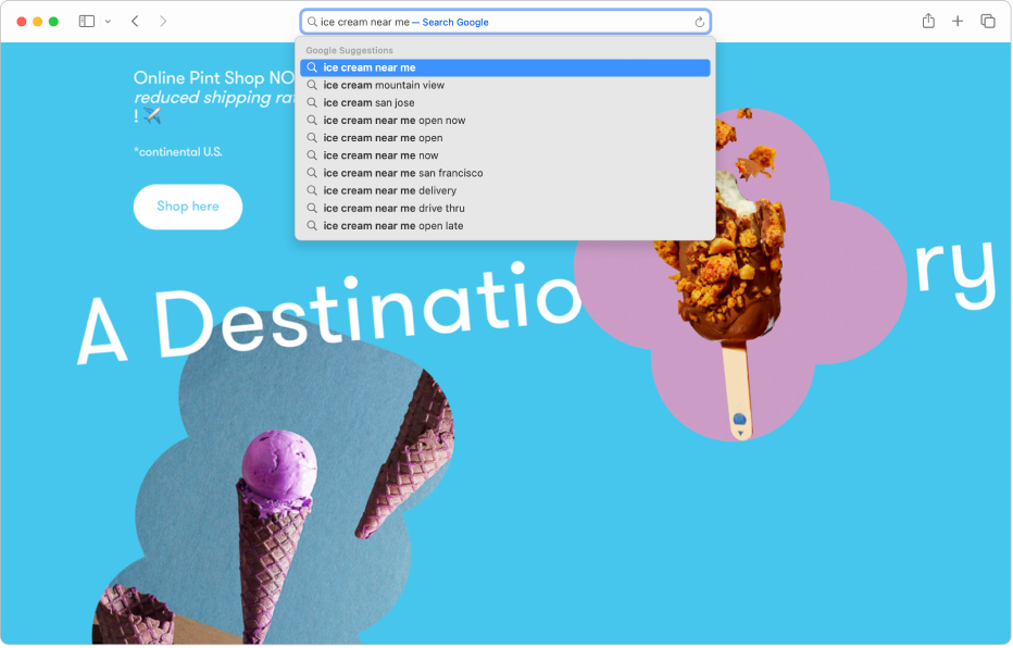 Ett Safari-fönster visar ”glass i närheten” i det smarta sökfältet.