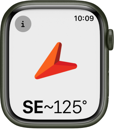 L’app Brúixola mostra una fletxa gran que apunta en la direcció de la capçalera que apareix a sota. El botó Informació és a la part superior esquerra.
