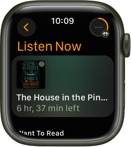 Die Anzeige „Jetzt hören“ in der App „Hörbücher“. Oben rechts befindet sich die Taste „Jetzt läuft“. Das derzeit wiedergegebene Buch wird in der Mitte und die verbleibende Wiedergabezeit unterhalb des Titels angezeigt.