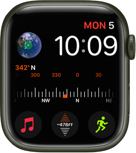 Modular watch face showing the date and time at the top right, and six complications: Earth at the top left, Compass in the middle, and Music, Elevation, and Workout along the bottom.