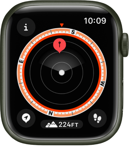 The Compass app showing a waypoint within a dial. The Info button is at the top left, the Waypoints button is at the bottom left, the Elevation button is at the middle bottom, and the Backtrack button is at the bottom right.