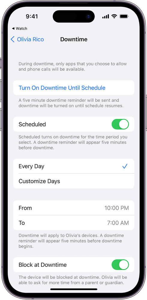 iPhone showing the Downtime setup screen. A Scheduled switch is near the top. Every Day and Customize Days options appear below that, with Every Day selected. From and To hours are in the middle of the screen and a Block at Downtime button is near the bottom.