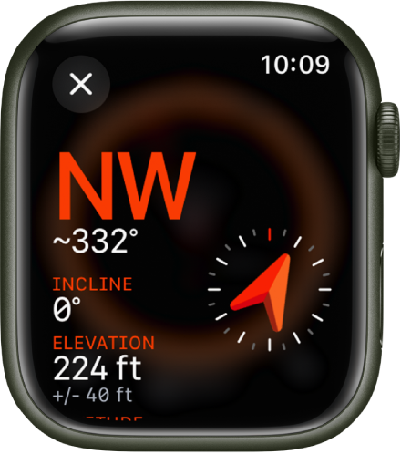 The Compass app showing the Info screen. The bearing appears at the middle left with compass bearing (northwest) and degrees (332 degrees). Current incline and elevation are shown below. A compass indicator is on the right. A close button is at the top left.