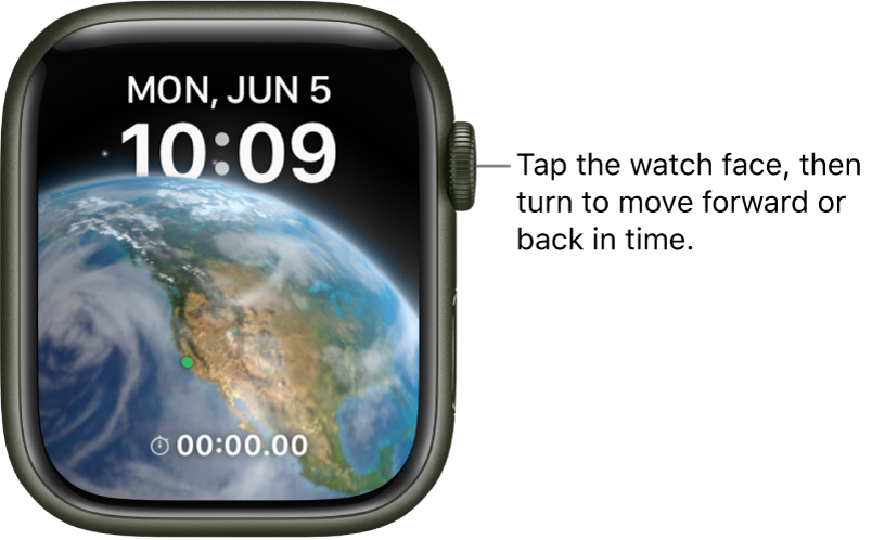 The Astronomy watch face, which displays the day, date, and current time. A timer complication is at the bottom. Tap the watch face, then turn the Digital Crown to move forward or back in time.