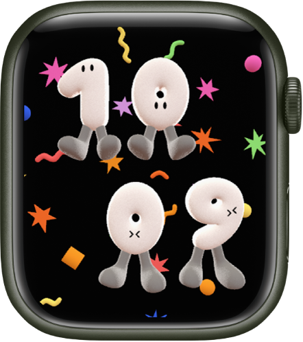 The Playtime watch face showing the time in cartoonish characters.