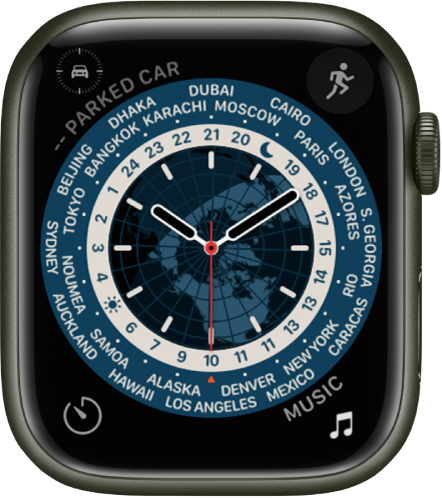 The World Time watch face showing an analog clock. In the middle is a map of the globe, showing day and night. Numbers and city names appear around the dial, indicating the time in each location. There are complications in each corner: Parked Car Waypoint at the top left, Workout at the top right, Timer at the bottom left, and Music at the bottom right.
