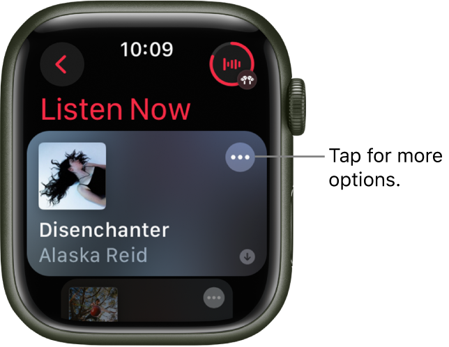 The Music app shows the Listen Now screen with one album showing. A More Options button is to the right. A download button is below. At the top right is the Now Playing button. A Back button is at the top left.