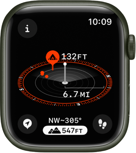 The Compass app showing the Elevation view. Several waypoints appear on a tilted dial. A white post indicates the current elevation, which is taller than the other waypoints on the dial. The Info button is at the top left, the Waypoints button is at the bottom left, the Elevation button is at the middle bottom, and the Backtrack button is at the bottom right.