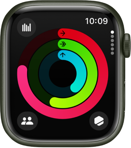 La pantalla Actividad mostrando los círculos Moverse, Ejercicio y Pararse.