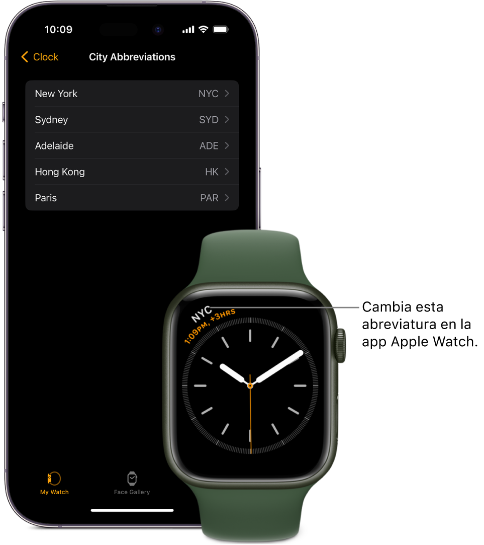 Un iPhone y un Apple Watch lado a lado. La pantalla del Apple Watch muestra la hora de la ciudad de Nueva York, usando la abreviatura NYC. La pantalla del iPhone muestra la lista de ciudades en la configuración Reloj en la app Apple Watch en iPhone.