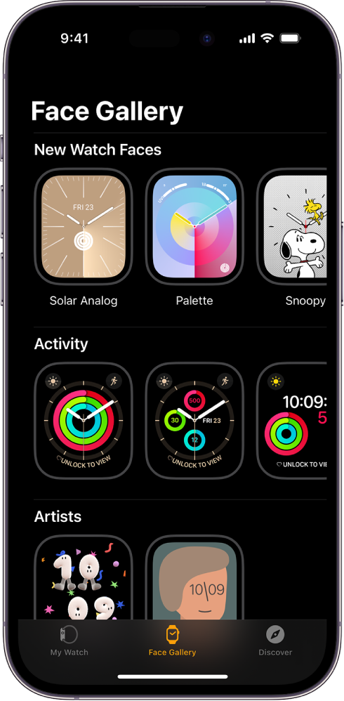 App Apple Watch ouverte sur la galerie de cadrans. Le rang du haut affiche des cadrans nouveaux, les rangs suivants montrent des cadrans regroupés par type, comme Activité et Artistes. Vous pouvez faire défiler l’écran pour voir d’autres cadrans regroupés par type.