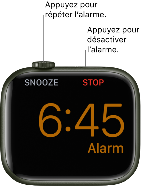 Apple Watch placée sur sa tranche. L’écran affiche une alarme qui a sonné. Le mot Rappel apparaît sous la Digital Crown. Le mot Arrêter apparaît sous le bouton latéral.