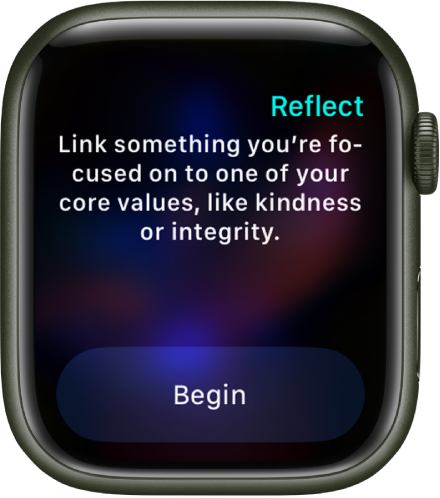 L'app Pleine conscience affiche une piste de réflexion : « Associez une chose sur laquelle vous êtes concentré à l’une de vos valeurs fondamentales, comme la bienveillance ou l’intégrité ». Un bouton Commencer se trouve en dessous.