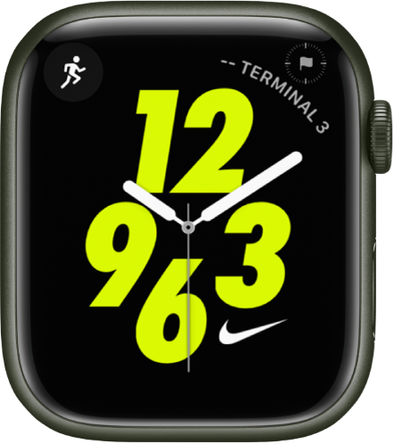 Le cadran Nike analogique avec la complication Exercice en haut à gauche et une complication Points de repère Boussole en haut à droite. Au centre de l’écran se trouve un cadran analogique.