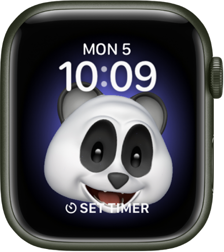 Le cadran Memoji, sur lequel vous pouvez modifier le personnage Memoji et une complication en bas. Touchez l’écran pour animer le Memoji. La date et l’heure sont en haut et la complication Minuteur est en bas.
