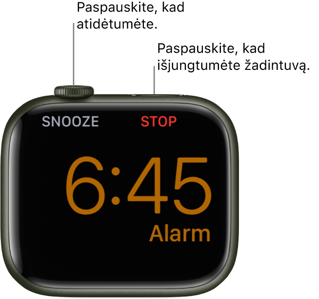 „Apple Watch“ padėtas ant šono, ekrane rodomas suaktyvintas žadintuvas. Po „Digital Crown“ pateiktas žodis „Snooze“. Žodis „Stop“ yra po šoniniu mygtuku.