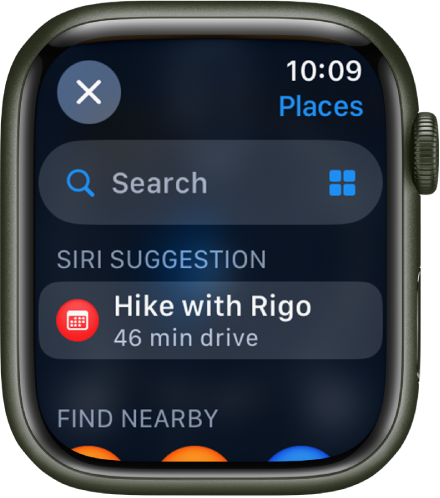 Ekranas „Search“ programoje „Maps“, viršuje yra laukas „Search“. Toliau rodomas "Siri" pasiūlymas. Apačioje rodoma antraštė „Find Nearby“.