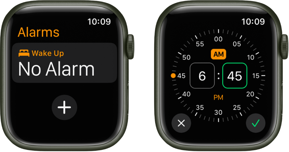 Du laikrodžio ekranai, kuriuose rodomas žadintuvo įtraukimo procesas: palieskite „Add Alarm“, palieskite AM arba PM, pasukite „Digital Crown“, kad koreguotumėte laiką, tada palieskite varnelės mygtuką.
