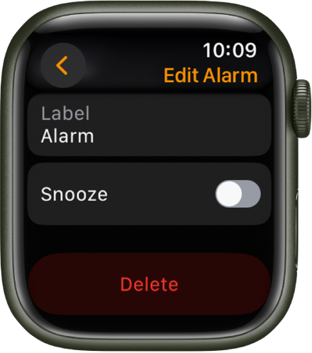 „Edit Alarm“ ekranas, kurio apačioje rodomas mygtukas „Delete“.