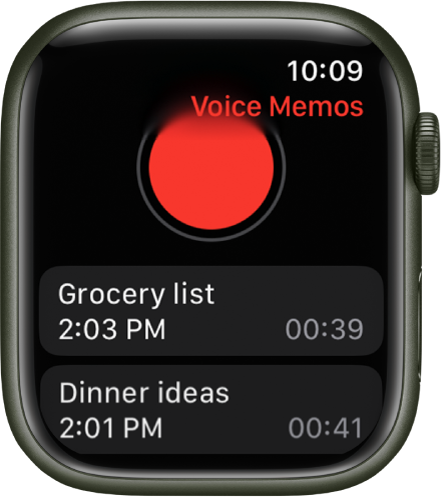 Apple Watch wyświetlający ekran aplikacji Dyktafon. U góry widoczny jest czerwony przycisk nagrywania. Poniżej znajdują się dwie nagrane notatki głosowe. Wyświetlane są także sygnatury czasowe utworzenia notatek oraz ich długości.