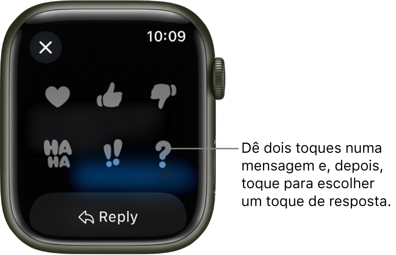 Uma conversa na aplicação Mensagens com opções de Tapback: coração, polegar para cima, polegar para baixo, Ha Ha, !! e ?. Por baixo está um botão Responder.